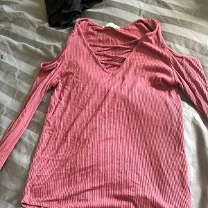 Magenta V neck Cross open shoulder long sleeve